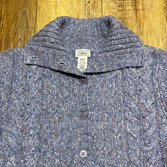 LL Bean Wool Cable Knit Cardigan Sweater Womens M Blue Fisherman Preppy Cottage - Picture 4 of 7